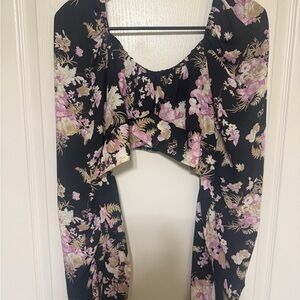 Black Bead Black Floral Cropped Top with Pink and Cream Accents